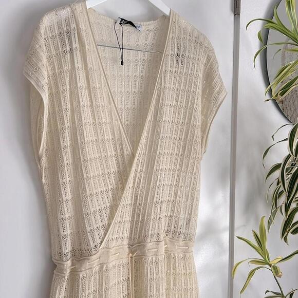 Zara Limited Edition Cream Pointelle Flowy Knit Jumpsuit Size L - Picture 5 of 10